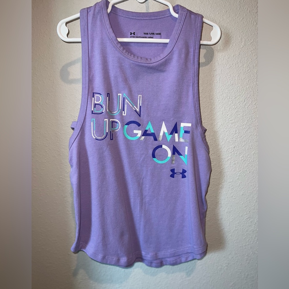 Under Armour size youth xs purple BUN UP GAME ON tank